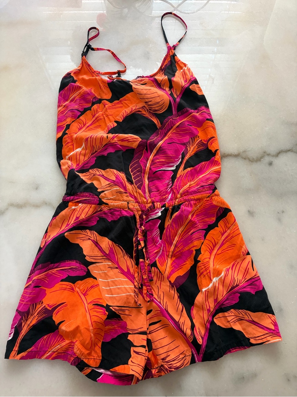 Tropical Leaf Print Romper in Orange & Fuchsia